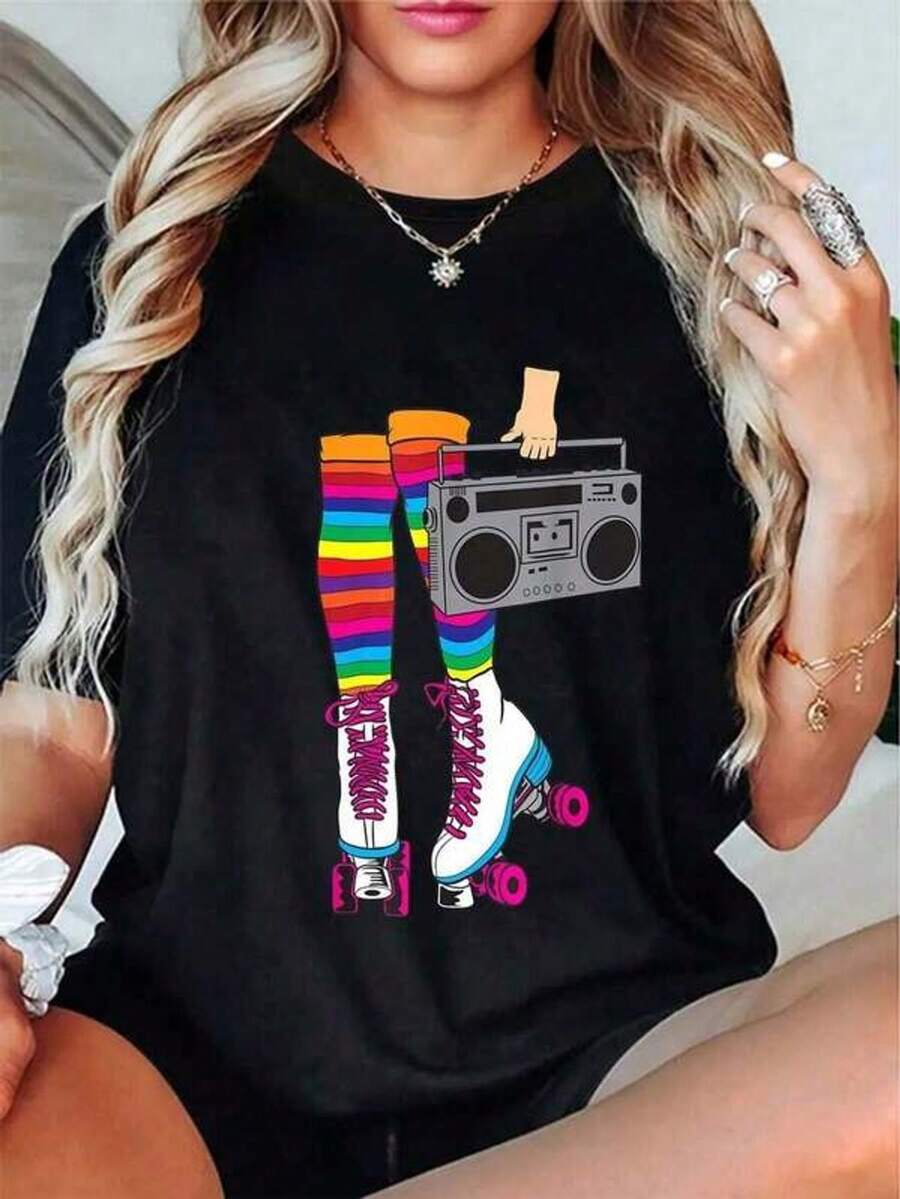 1 camiseta gráfica retro de los 80 con diseño de chica patinando en discoteca - Algodón suave, corte casual, lavable a máquina - Regalo perfecto para mujeres 180g 100% algodón - Negro - Ver 1