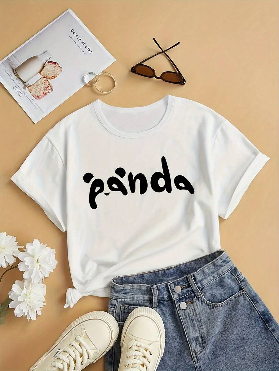 Camiseta de Verano para Mujer con Estampado de Panda, Manga Corta y Holgada - [Blanco] - Ver 1