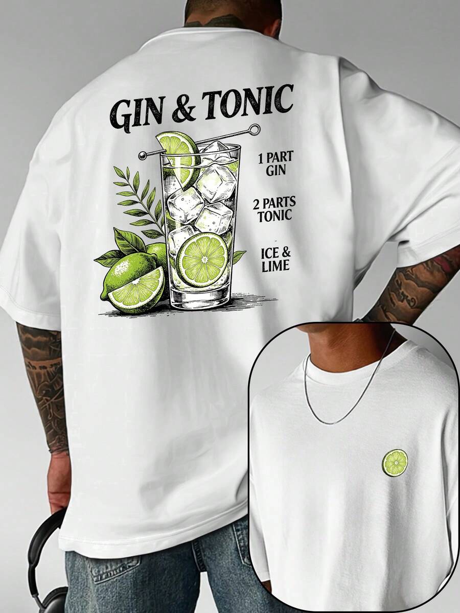 -shirt à manches courtes pour homme, coupe ample, idéal pour l'éé, imprimé recette de cocktail GIN & TONIC, style sportif décontracté, coupe moderne et ample, col rond polyvalent - Blanc - Voir 1