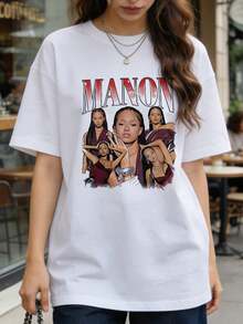 Women's Soft And Casual Short-Sleeved Crew Neck T-Shirt With A Graphic Collage Print Of K-Pop Idol Manon, Suitable For Everyday Wear. Black. - 白色 - 查看 2