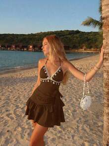 MOD Shell Pendant Necklace, Casual Mini Dress For Summer - Brown - View 7