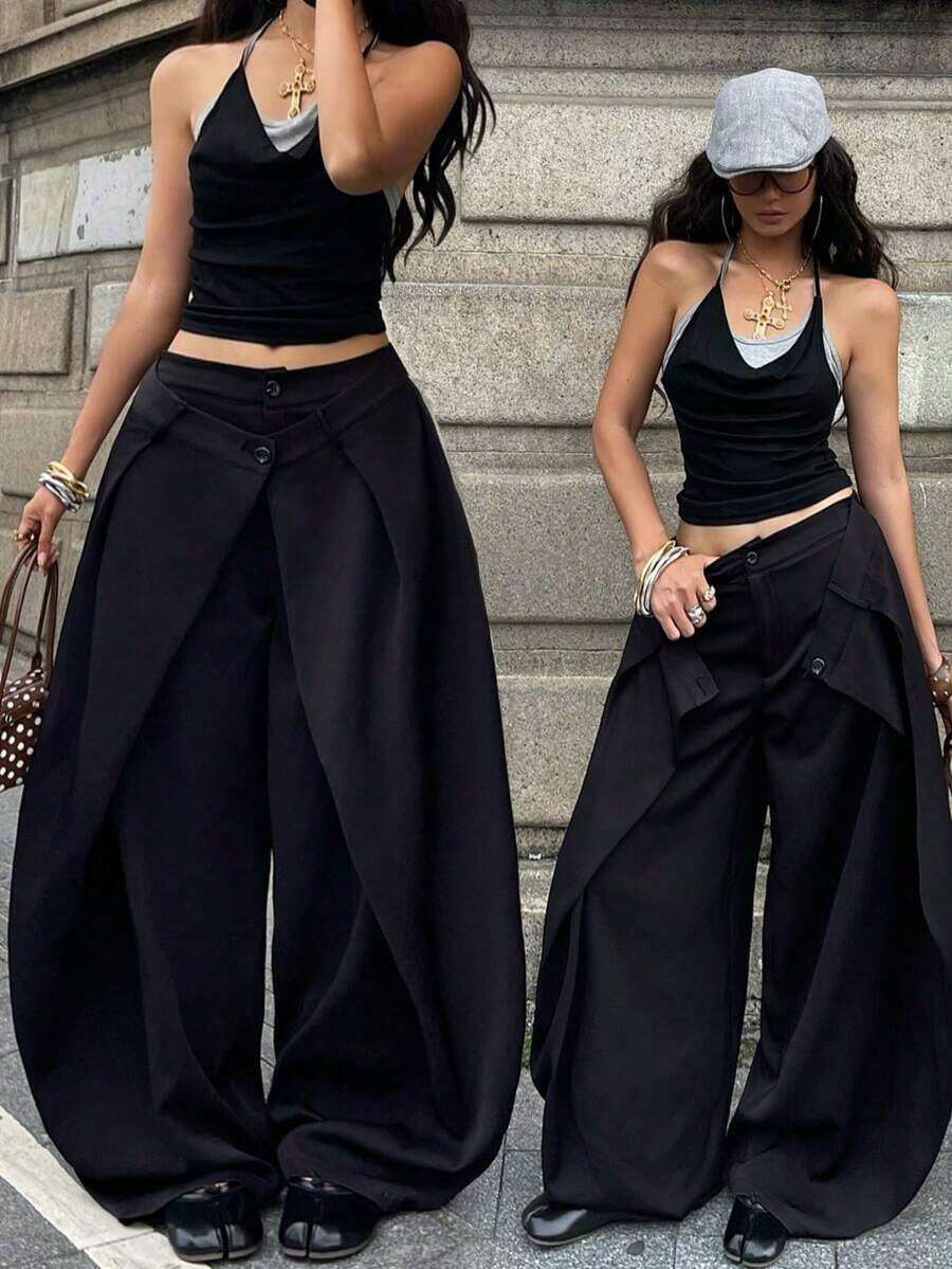 Pantalones casuales de rayas tejidas de color gris oscuro para mujer - Negro - Ver 1