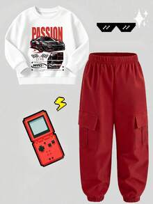 Baby Boy Cartoon Print Long Sleeve Top And Cargo Pants Set - White - View 2