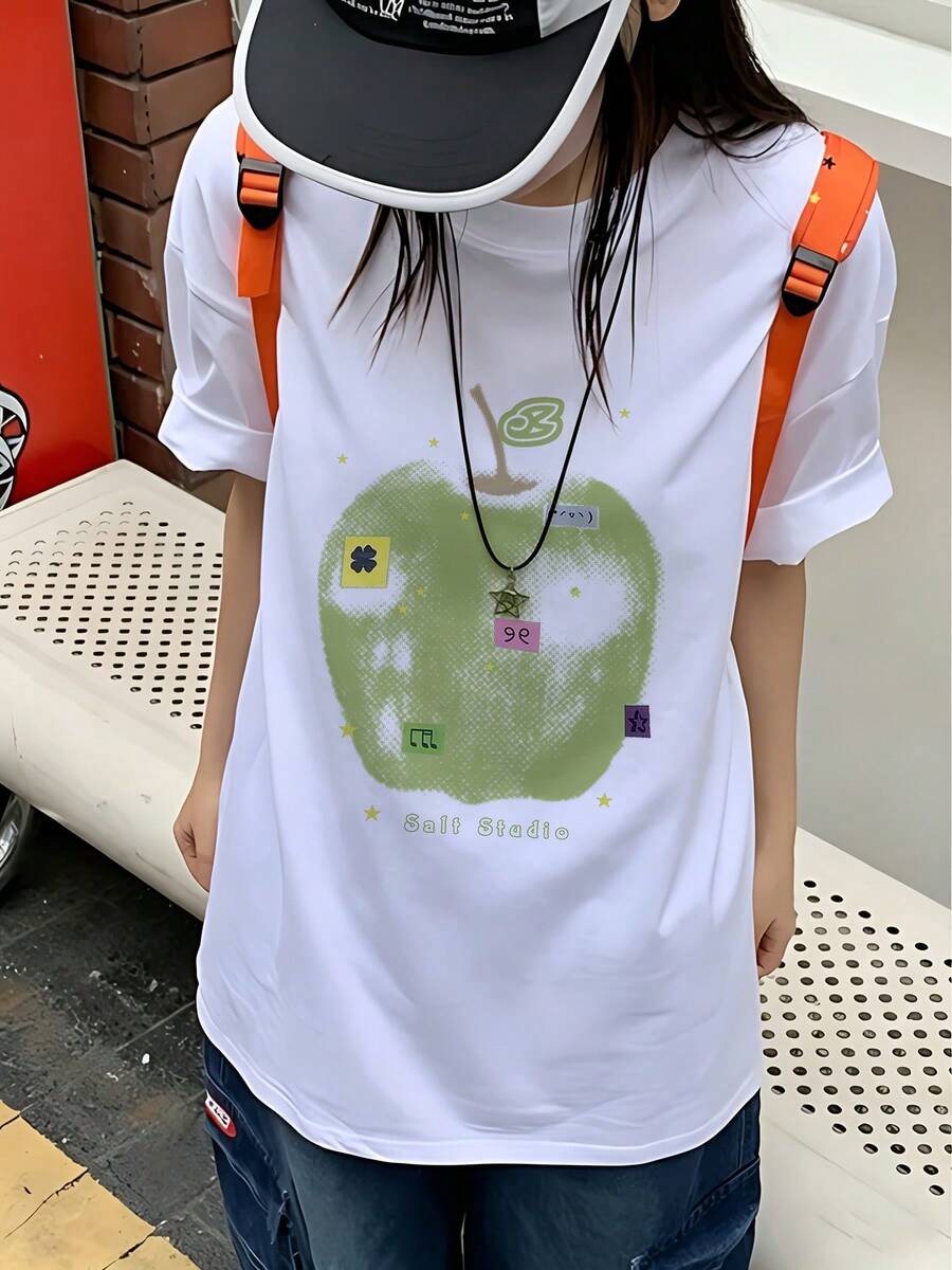 Ropa de mujer: camiseta 100% de manga corta con un divertido y creativo diseño de estampado de letras 'Square Apple', estilo Y2K, ajuste cómodo, cuello redondo, ideal para conjuntos elegantes y cómodos en primavera, verano y otoño. - Blanco - Ver 1