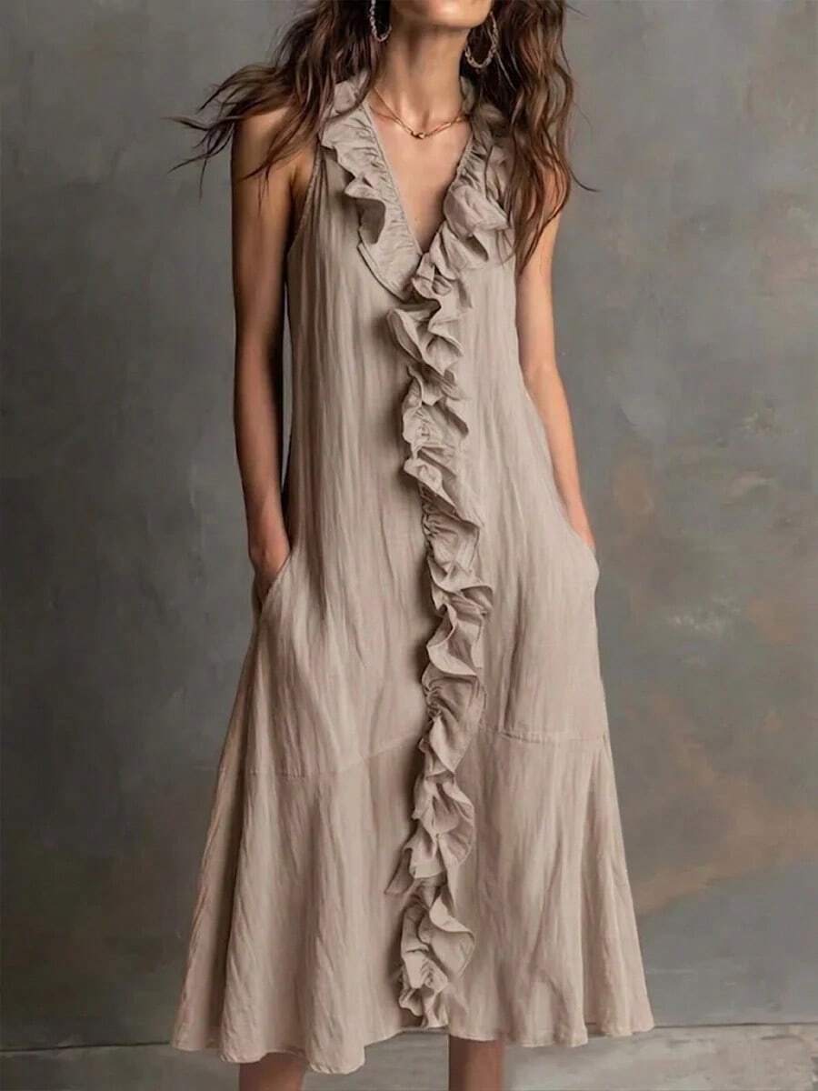 Vestido Swing de Algodón y Lino, Sin Mangas, Cuello en V, Color Sólido, Borde con Volantes para Mujer, Primavera-Verano - Caqui - Ver 1