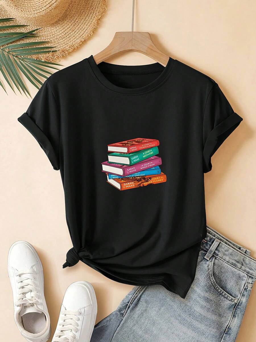 Camiseta estampada para mujer, casual, ropa de vacaciones, manga corta, cuello redondo, primavera/verano, lavable a máquina, ropa de mujer nueva, versátil para salir, adecuada para deportes. - Negro - Ver 1