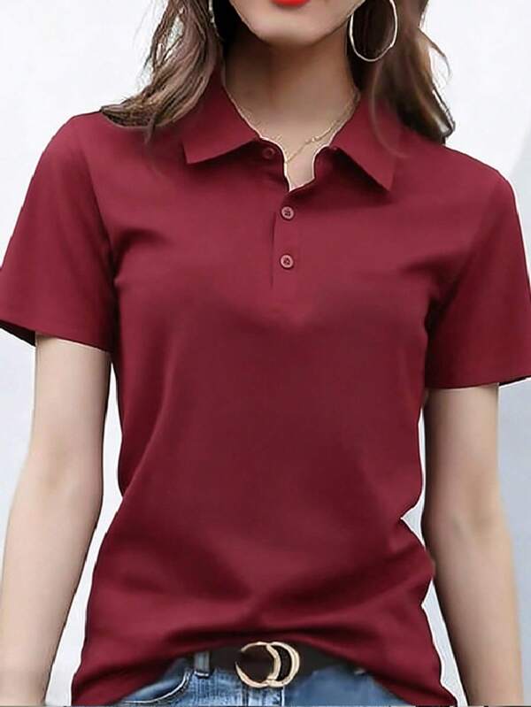 女士纯色 Polo 衫，翻领，短袖，户外运动休闲款，透气速干，弹性面料，冰丝质感，夏季必备