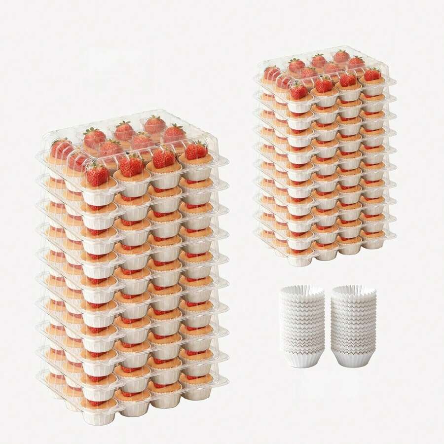 Tituouou 20 Pack Plastic Cupcake Containers,Disposable Cupcake Boxes 12 Count With 240 Cupcake Liners,Cupcake Holders With Tall Dome Lid,Cupcake Carriers Suit For For Baking, Parties, Wedding,Gifting - White - View 1