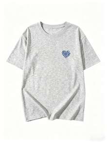 Women's Casual Round Neck Letter & Heart Print Loose Fit Short Sleeve T-Shirt, Versatile For Spring/Summer - Light Gray - View 8