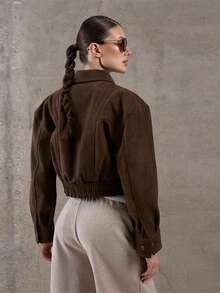 Chaqueta corta de ante con cremallera cuello solapa estilo urbano - Chaqueta corta informal con cremallera - marrón - Ver 2