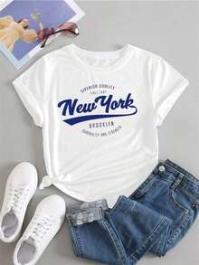 Dama mujer joven juvenil moda chopis playera cuello redondo manga corta gym suave primavera verano jardín casual viaje diseño New York Brooklyn - Blanco - Ver 10