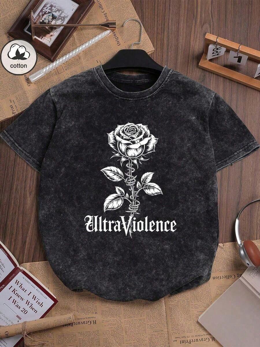 1 pcsNew American Style Women's Quirky Gothic Rose Dress, With Dark Style Cartoon Letter Pattern Print. Street Korean-Style Comfortable Retro Fashion Commuting Versatile Y2K Women's Clothing. Regular Niche Punk Style Peach-Colored Fitted Round-Neck Short-Sleeved Washed T-Shirt. Washed Retro Series Of Comfortable Cotton T-Shirts. Easily Create Retro Casual Clothing, Suitable For Daily Commuting, Casual Outings, And Daily Wear. Classic Retro Style Women's Clothing.180g Algodón 100% - Negro - Ver 1