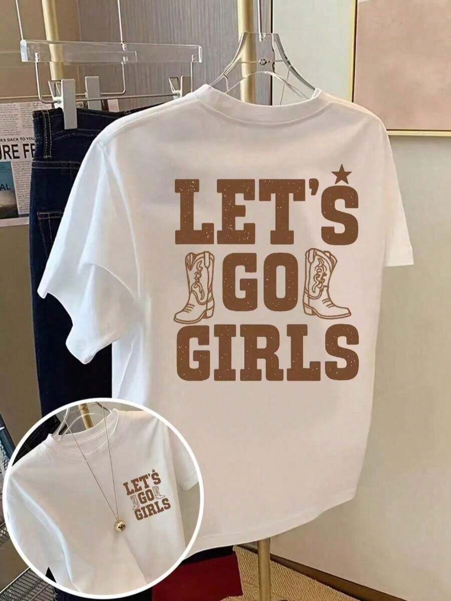 Camiseta holgada con estampado para mujer - Blanca, informal, de manga corta y cuello redondo, ¡Vamos, chicas!Estampado de patrón de fuente marrón vintage, lavable a máquina, versátil y cómodo para todas las estaciones. camisetas para mujer - Estilo - Ver 1