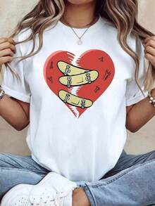 Camiseta casual de manga corta con cuello redondo para mujer, con estampado temático de skateboard y corazón roto, adecuada para uso diario, ocasiones informales, regalos navideños, diseño único de amor, ropa para el Día de San Valentín.Adecuado para el verano, transpirable y cómodo. - Blanco - Ver 11