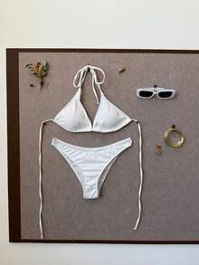 Nuevo Bikini Sexy de Color Sólido con Textura Acanalada, Traje de Baño de Dos Piezas para Mujer - Blanco - Ver 12