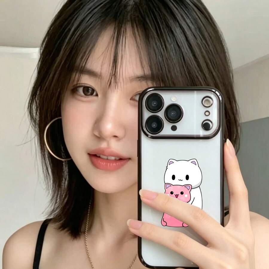 電気メッキ加工を施した透明な耐衝撃スマホケース。かわいい猫の漫画柄で、通勤にも最適な万能スマホケースです。 - ブラック - チェックする 1