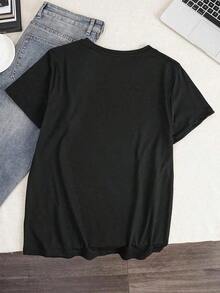 Camiseta Holgada Sencilla Mujer Estilo Moderno Camisetas de manga corta con cuello redondo y estampados divertidos y relatable para mujer, estilo casual de verano -  BASICS Camiseta Mujer Estampado Gráfico  Verano 2026 - Negro - Ver 3