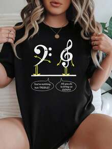 Camiseta de mujer casual con cuello redondo, opciones en negro y blanco, estampado de nota musical y texto, camiseta gráfica divertida para uso diario, camisetas de verano, tops gráficos, conjuntos de verano, camisetas gráficas de mujer, tops cortos de mujer, camisetas vintage de algodón, ropa linda para mujer, playeras de mujer. - Negro - Ver 1