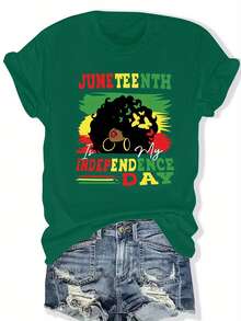 Women's Plus Size Casual T-Shirt With Crew Neck And Vibrant Juneteenth Independence Day Graphic Print, Short Sleeve, Loose Fit, Polyester, Summer And Spring Clothing, Casual Wear | Graphic Print Top | Comfortable Fit, Ladies' T-Shirts - 綠色 - 查看 6