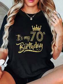 Camiseta 100% Algodón para Mujer con Estampado 'Es Mi 70º Cumpleaños Corona Reina de 70 Años', Camiseta Gráfica para Hombre y Mujer, Cuello Redondo, Estilo Clásico, Moda Verano, Vacaciones - Negro - Ver 5
