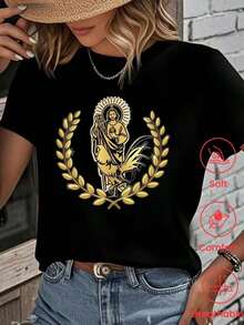 Camiseta de cuello redondo y mangas cortas de ropa fashion, fabricada en México, para la temporada primavera-verano 2025. Con estampado de dibujos animados, es un modelo de pareja, apta para usar tanto por dentro como por fuera, ideal para oficina y estilo casual, diseñada para hombres y mujeres, en unidad individual. - Negro - Ver 1