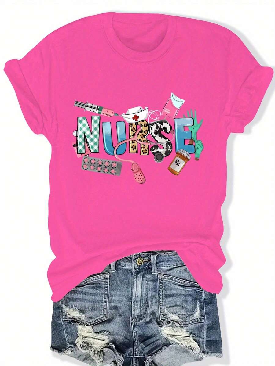 Women'S Plus Size Casual Crew Neck T-Shirt with Colorful Nurse Print, Slight Stretch Fabric, Loose Fit for Spring and Summer - Rosa Fucsia - Ver 1
