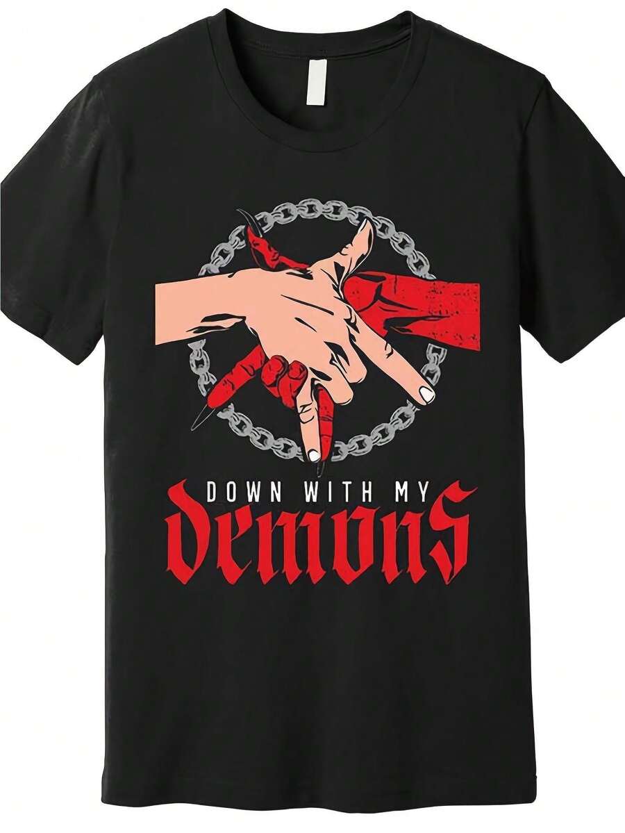 Unisex T-Shirt, Men's Gothic Humor T-Shirt Features A Devil Design - Black Short Sleeve With Stunning Red And White Print, Displaying A Devil Hand Gesture Graphic. It's Casual Crew Neck, Machine Washable Suitable For All Seasons, Women's Clothing, Casual Blouses For Ladies, Women's Shirts, Casual Daily Set, Regular Fit, Daily Matching, Graphic Print, Sporty Casual - 黑色 - 查看 1
