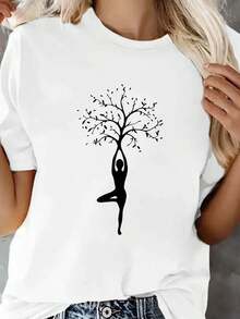 Women's White Yoga Tree Print T-Shirt Polyester Medium Stretch Casual Tee - blanco - Ver 2