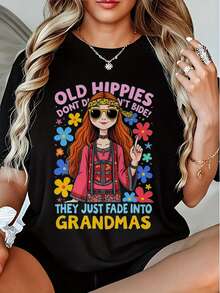 Talla Grande - Camiseta de Mujer con Estampado Hippie 100% 180g "Los Viejos Hippies Nunca Mueren" con estampado floral vintage y símbolo de la paz, cuello redondo, manga corta, estilo casual, adecuada para festivales, eventos musicales y moda retro, ropa de festival, ropa de eventos, blusas negras de algodón estilo bohemio para mujer. - Negro - Ver 6