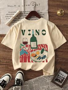 Cómodo Camiseta casual de mujer de manga corta y cuello redondo - Estampado impreso, tela suave y cómoda, lavable a máquina, blusas de verano, playeras de mujer algodon - Albaricoque - Ver 2