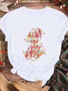 Elegante y casual, camiseta de manga corta para mujer, cuello redondo, estampado gráfico de crayones rotos en colores sólidos, ropa casual blanca para el día a día, moda de primavera y verano. - Blanco - Ver 3