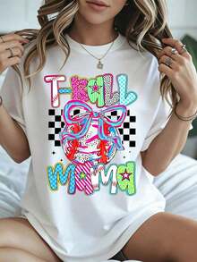 Elegante y casual para mujer, manga corta, camiseta para el Día de la Madre con estampado de "T Ball Mama", blanca, ropa casual de verano. - Blanco - Ver 1