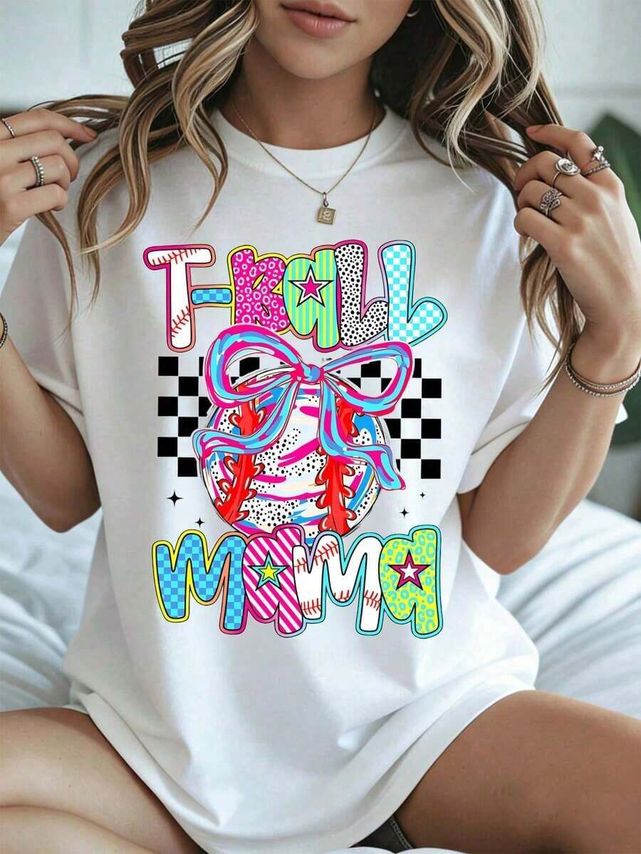 Elegante y casual para mujer, manga corta, camiseta para el Día de la Madre con estampado de "T Ball Mama", blanca, ropa casual de verano. - Blanco - Ver 1