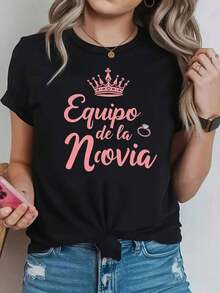 Men's T-Shirt, "Bride's Team" Bridesmaid T-Shirt For Women - Short Sleeve Round Neck Blouse - Ideal Compatible Top For Weddings, Bridesmaid Outfits, Spring And Summer Casual Wear, Machine Washable Clothing With Spanish Lettering - 黑色 - 查看 1