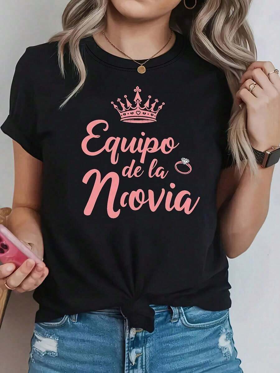 Men's T-Shirt, "Bride's Team" Bridesmaid T-Shirt For Women - Short Sleeve Round Neck Blouse - Ideal Compatible Top For Weddings, Bridesmaid Outfits, Spring And Summer Casual Wear, Machine Washable Clothing With Spanish Lettering - 黑色 - 查看 1