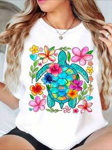 Women's Casual Blouse With Turtle And Floral Print, Graphic Tee With Vibrant Floral And Marine Life Design, Is A Perfect T-Shirt To Give To Friends And Family At Any Party Or Festive Occasion, 220g - 白色 - 查看 7