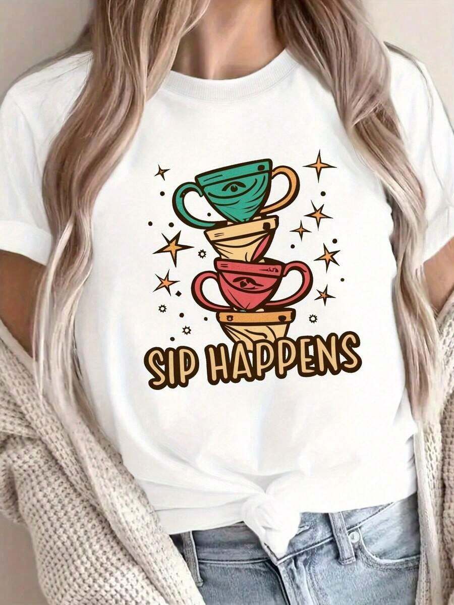 Nueva Camiseta Casual de Verano para Mujer, GraphicTees Coffee Uncertainty, ajuste cómodo, 100% algodón - Estilo Vintage Urbano Unisex, Camiseta de Manga Corta de Algodón Suelto con Cuello Redondo - Blanco - Ver 1