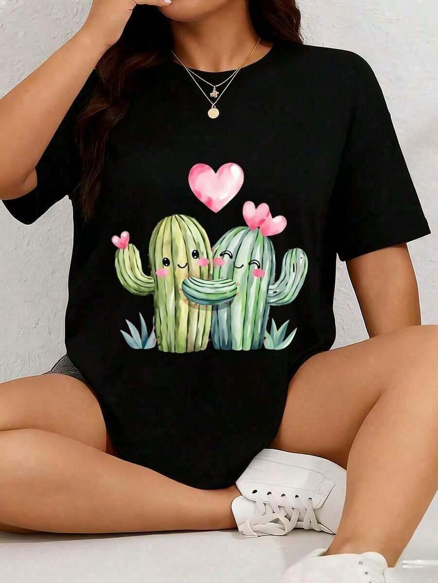 ModaModaCamiseta de manga corta de algodón puro con cuello redondo para mujer, lindo cactus con corazones y flores rosas, tops casuales para mujer.lindoEstampadaEstampada - Negro - Ver 1