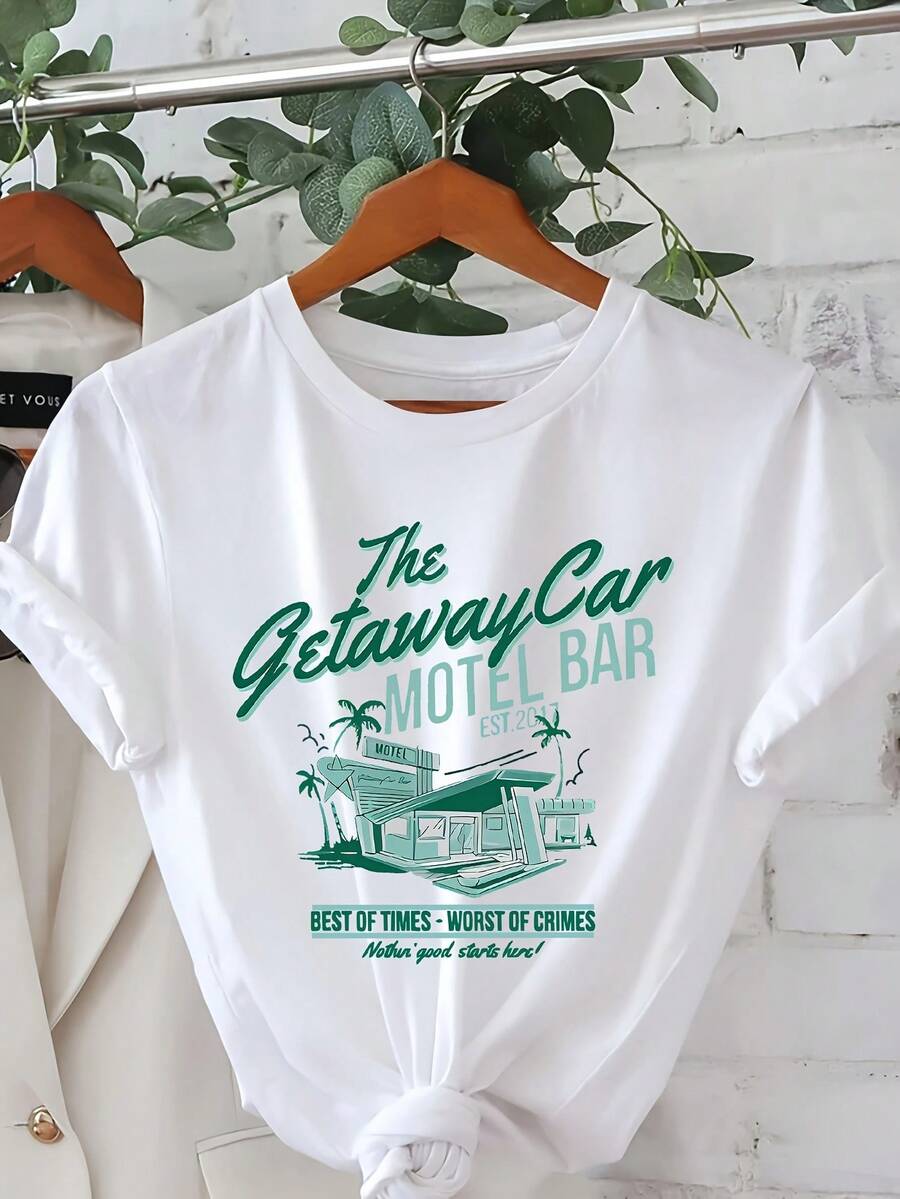 Women's Vintage Design T-Shirt By SimpieAndVersatileDesign - "Escape Car" Design, Casual Short-Sleeved Crew Neck Top With Vibrant Green And Blue Illustrations, Perfect For Spring And Summer, Everyday Wear. | Crew Neck Top | Casual Summer Cotton T-Shirt - 白色 - 查看 1