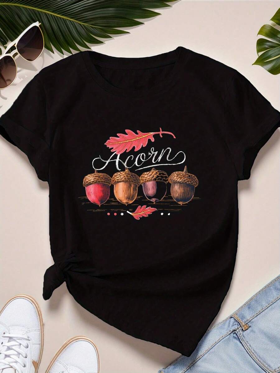 Women's Plus Size Breathable Short Sleeve T-Shirt Acorn Leaf - Casual Sports Top With Round Neck, Acorn And Oak Leaf Prints, Suitable For Fitness Training, Machine Washable, Ideal For Everyday Wear. - 黑色 - 查看 1