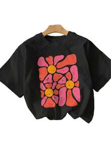 Camiseta de edición limitada con estampado gráfico, manga corta, cuello redondo, top casual para verano y primavera, ropa de mujer, algodón ligero. - Negro - Ver 2