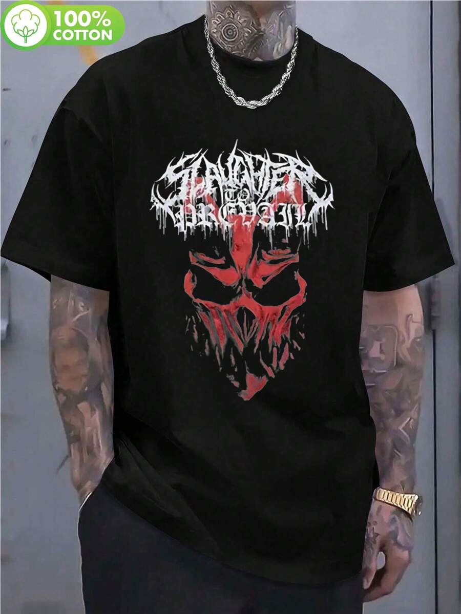 Unisex Cotton T-Shirt With Round Neck And Short Sleeves, Urban Retro Style, With Ripped Graphic Design, For Men And Women, For Gym, Outdoor Sports, Leisure, Breathable And Soft Material, Machine Washable - 黑色 - 查看 1