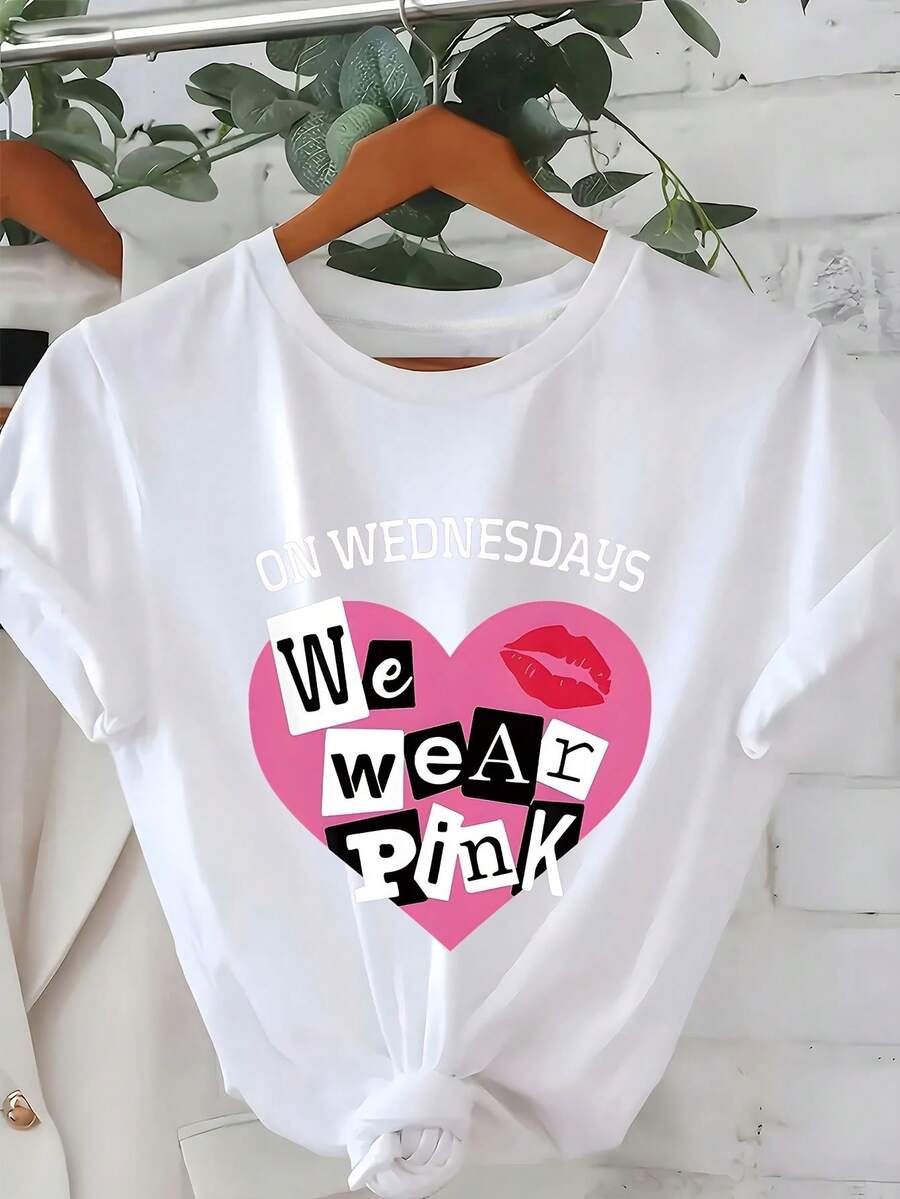 Camiseta casual para mujer con estampado divertido de letras en color rosa, juvenil y a la moda, de manga corta y corte holgado, el regalo perfecto para las vacaciones. - Blanco - Ver 1