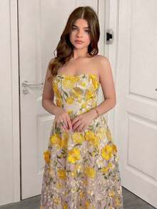 Último diseño: vestido elegante y romántico con bordado floral morado en tul, que ciñe la cintura sin mangas, adecuado para primavera y verano - Multicolor - Ver 4