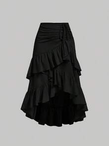 MOD Falda de verano de color albaricoque cremoso para mujer con bajo asimétrico, con cordón, con volantes y capas, falda de fiesta, falda bohemia, falda para el almuerzo - Albaricoque 2 - Ver 9
