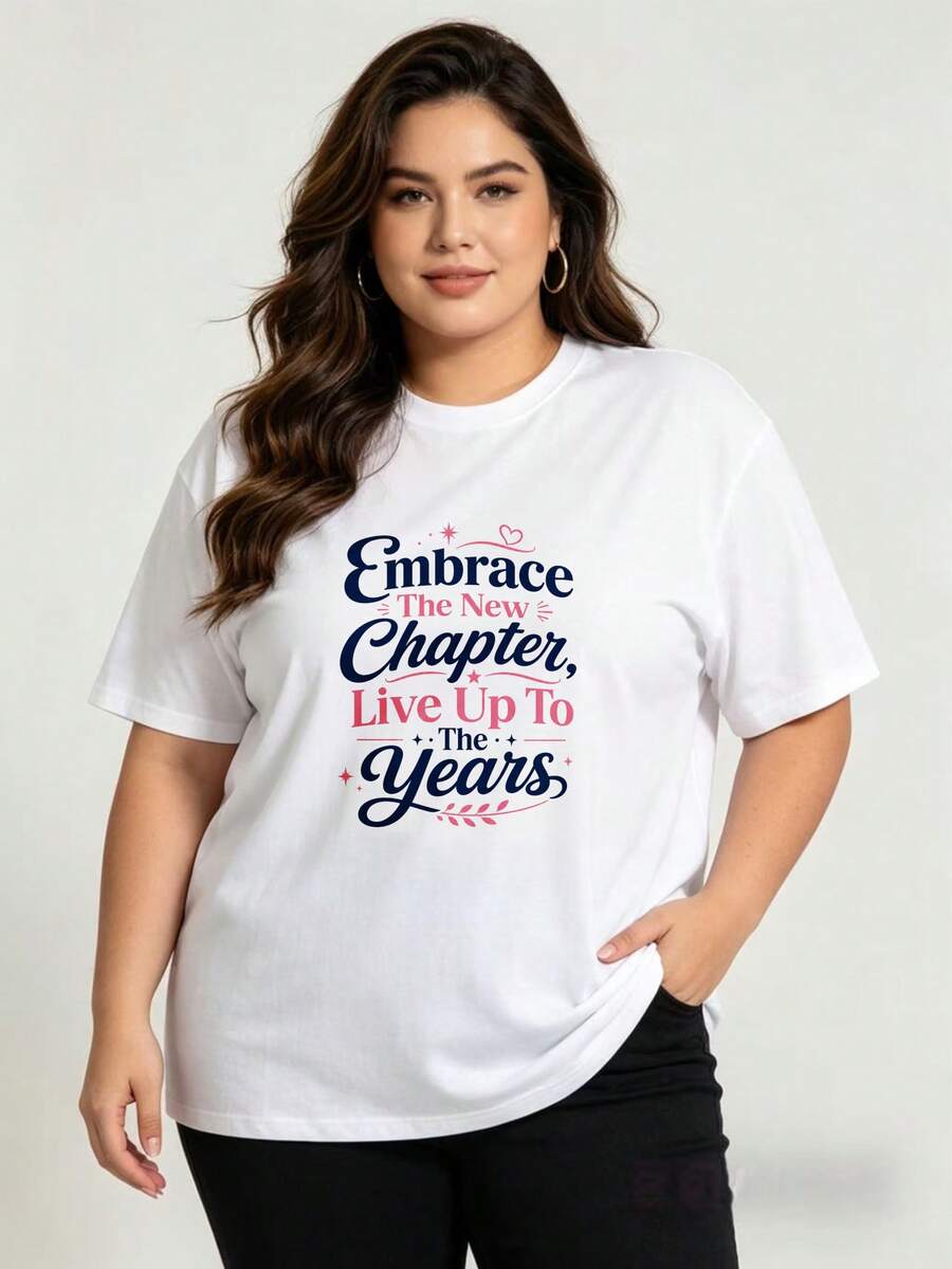 Soft Plus Size - Talla Grande - Camiseta de cuello redondo 100% de gran tamaño para mujer, casual y elegante, para dar inicio a un nuevo capítulo, llena de energía, regalo para la temporada de graduación, adecuada para usar en primavera y verano, blusas elegantes para mujer. - Blanco - Ver 1
