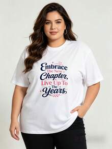 Soft Plus Size - Talla Grande - Camiseta de cuello redondo 100% de gran tamaño para mujer, casual y elegante, para dar inicio a un nuevo capítulo, llena de energía, regalo para la temporada de graduación, adecuada para usar en primavera y verano, blusas elegantes para mujer. - Blanco - Ver 5