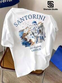 Men's Casual T-Shirt Made Of Polyester Fiber, This T-Shirt Comes With A Built-In "Travel Filter"! Featuring An Architectural Print In Santorini Blue And White, It's Refreshing And Relaxing, Suitable For Everyday And Weekend Wear, Offering A Modern Style For Men In Summer. 100% Cotton. - 白色的 - 查看 3