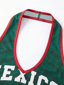 Áo hai dây croptop nữ phong cách retro in chữ, viền xanh & đỏ, kiểu thể thao, mặc thường ngày mùa hè - Nhiều màu - Xem 4