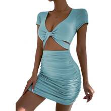 2024 vestido transfronterizo de manga corta para mujer de verano de Europa y Estados Unidos sexy con cuello en V Fanny pack vestido de glúteos - Albaricoque - Ver 5